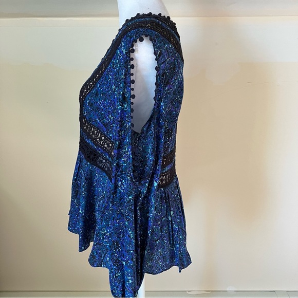 Rebecca Taylor Blue Long-Sleeve Paisley Cold-Shoulder Silk Lace Blouse size 6 - Picture 8 of 10
